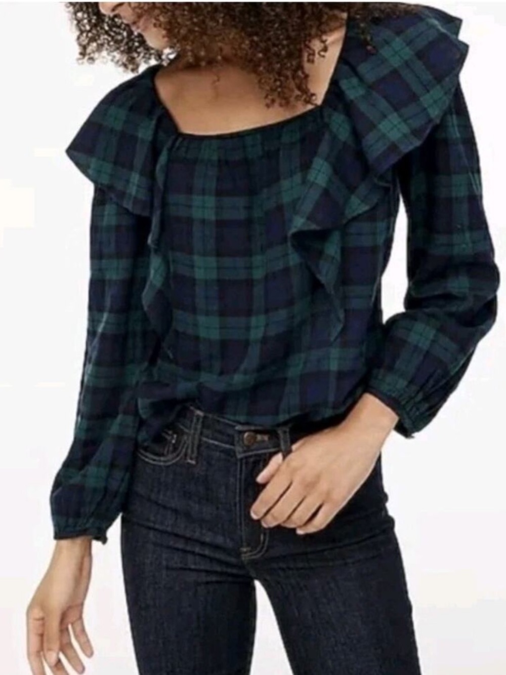 J. Crew Factory Dark Green & Navy Plaid Ruffle Square-Neck Blouse